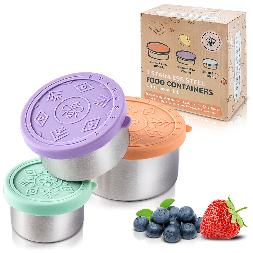 3Pack 6oz Stainless Steel Snack Containers,Easy Open Leak Proof Small Food  Containers with Silicone Lids , Small Metal Food Storage Container 