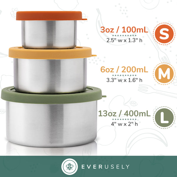 Everusely Mini 3x1.5oz Leakproof Salad Dressing Container to Go, Stainless Steel Small Condiment Containers with Lids, Sauce Containers for Lunch